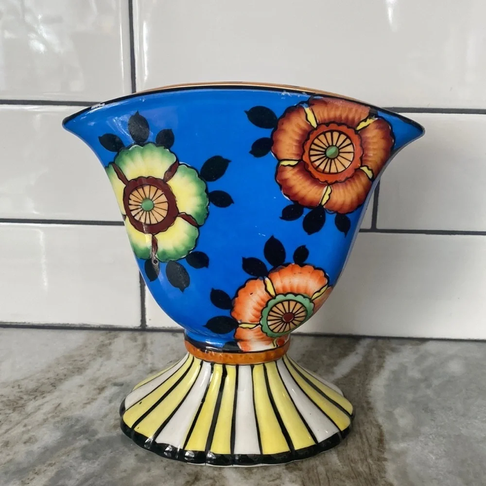 Art Deco Style Sakura Ware Fan Vase, Made in Japan hand painted. Colorful floral